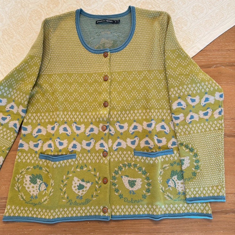 Gudrun Sjöden Charming CHICKEN Print Cardigan – NWOT